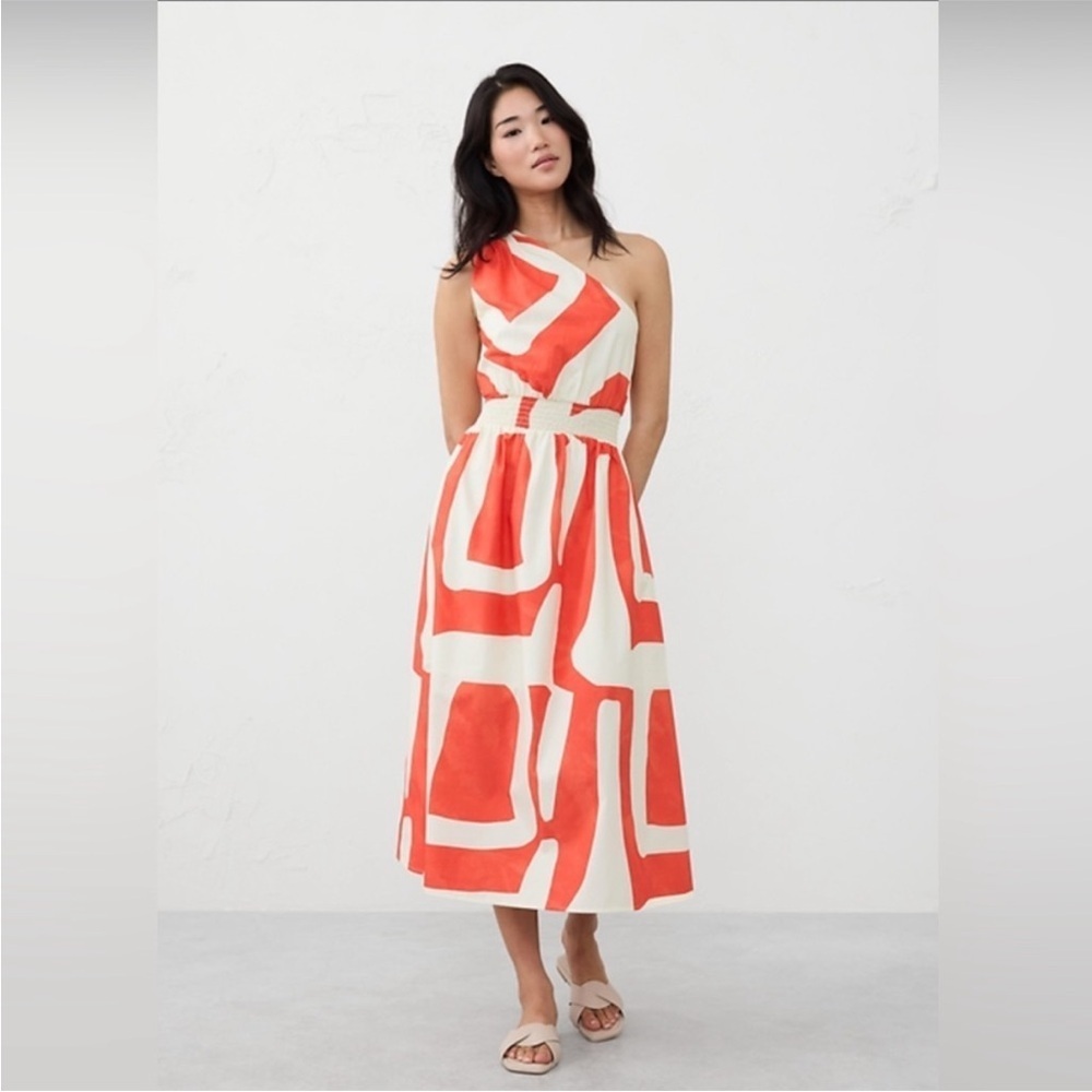 Banana Republic Cotton White Orange Geometric Pattern One Shoulder Midi Dress L